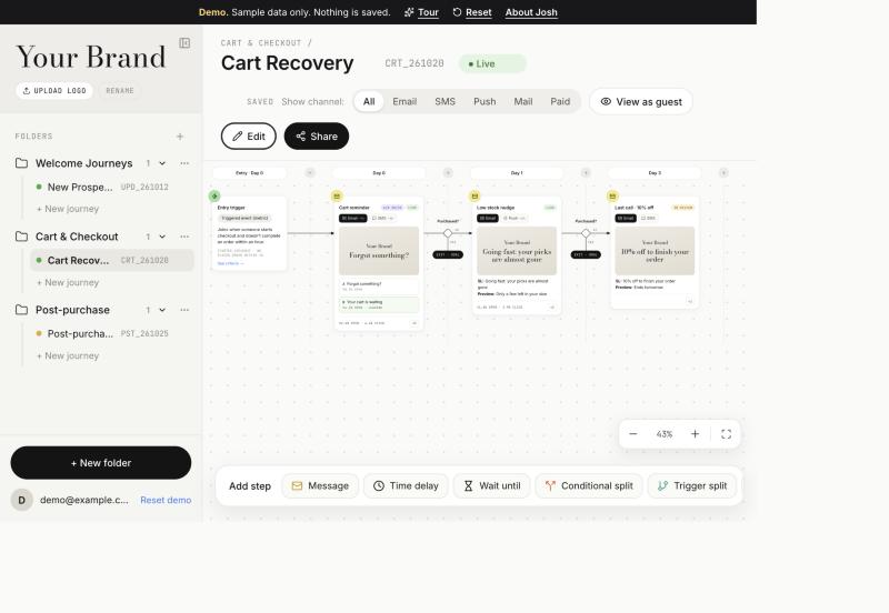 Journey Map showing a cart recovery journey laid out by day, with reminder, exit and discount steps